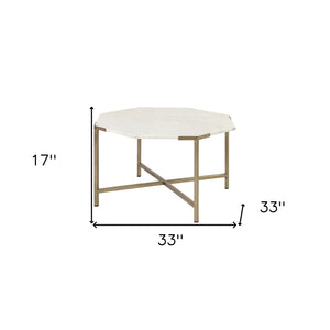 Homeroots 33" White And Gold Genuine Marble And Metal Octagon Coffee Table   376305