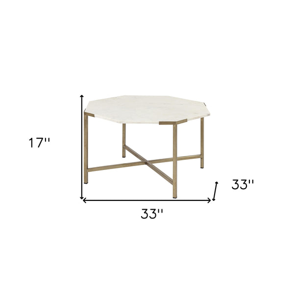 Homeroots 33" White And Gold Genuine Marble And Metal Octagon Coffee Table   376305