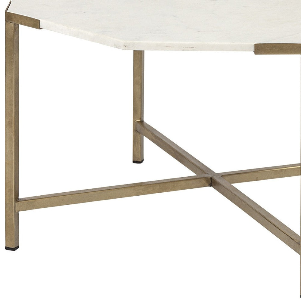 HomeRoots 33" Octagon Coffee Table - White Marble Top & Gold Metal Base for Modern Living Room Elegance 376305