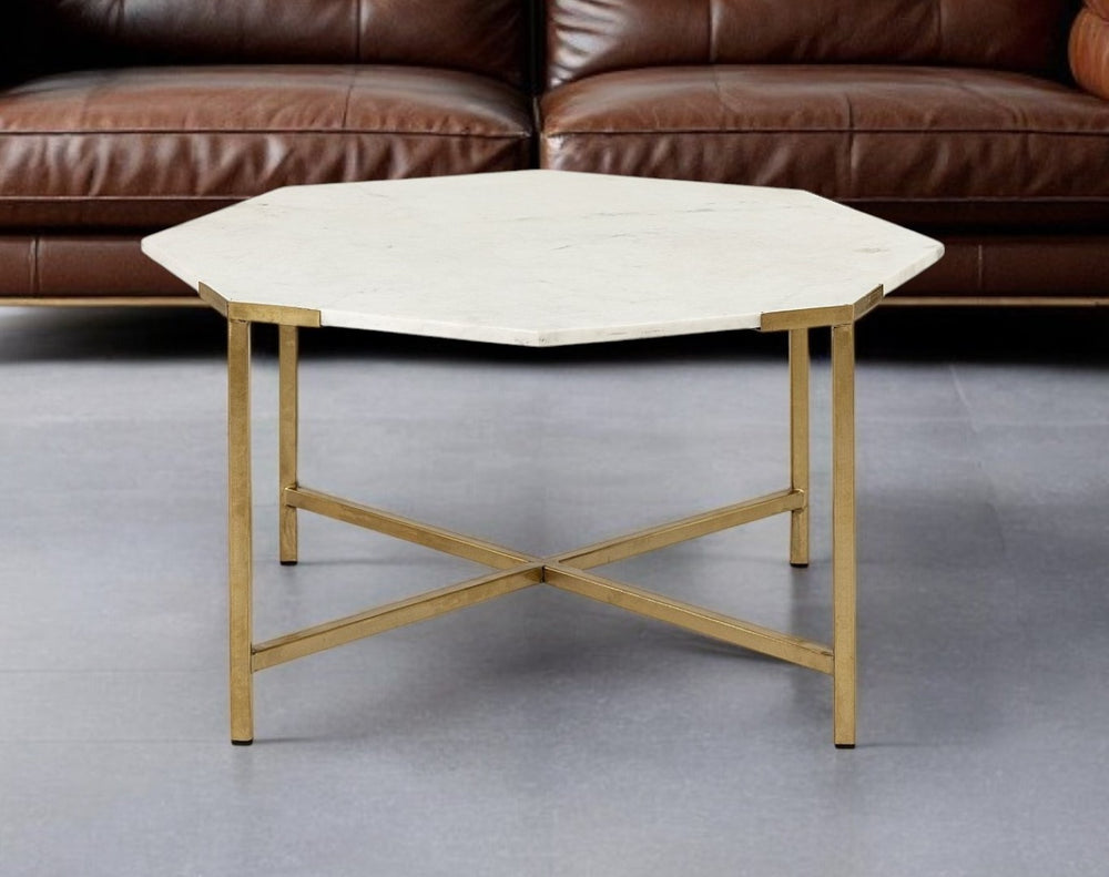 HomeRoots 33" Octagon Coffee Table - White Marble Top & Gold Metal Base for Modern Living Room Elegance 376305