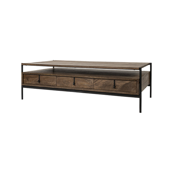 Homeroots Rectangular Solid Wood And Black Metal Coffee Table W 3 Drawers   376306