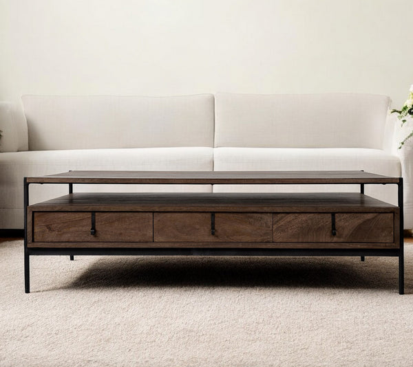 Homeroots Rectangular Solid Wood And Black Metal Coffee Table W 3 Drawers   376306