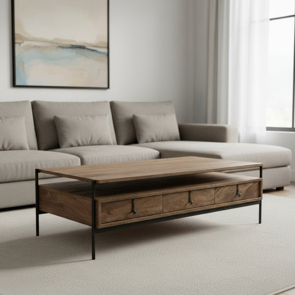 HomeRoots 56" Rustic Brown and Black Solid Wood Metal Coffee Table with 3 Drawers for Stylish Storage Solutions 376306