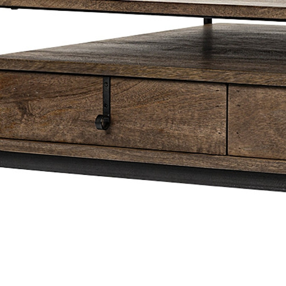 HomeRoots 56" Rustic Brown and Black Solid Wood Metal Coffee Table with 3 Drawers for Stylish Storage Solutions 376306