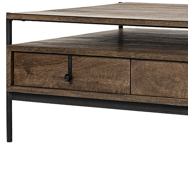 Homeroots Rectangular Solid Wood And Black Metal Coffee Table W 3 Drawers   376306