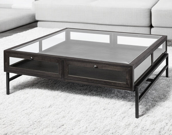Homeroots 42" Black And Brown Square Coffee Table With Two Drawers   376307