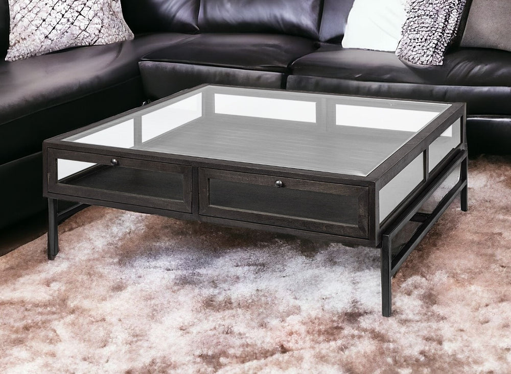 Homeroots 42" Black And Brown Square Coffee Table With Two Drawers   376307