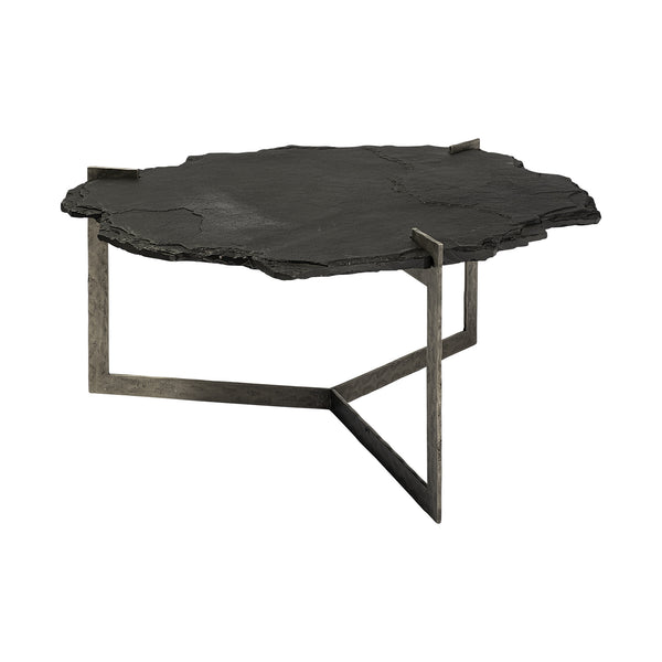 Homeroots 40" Black And Gold Stone And Iron Free Form Distressed Coffee Table   376308