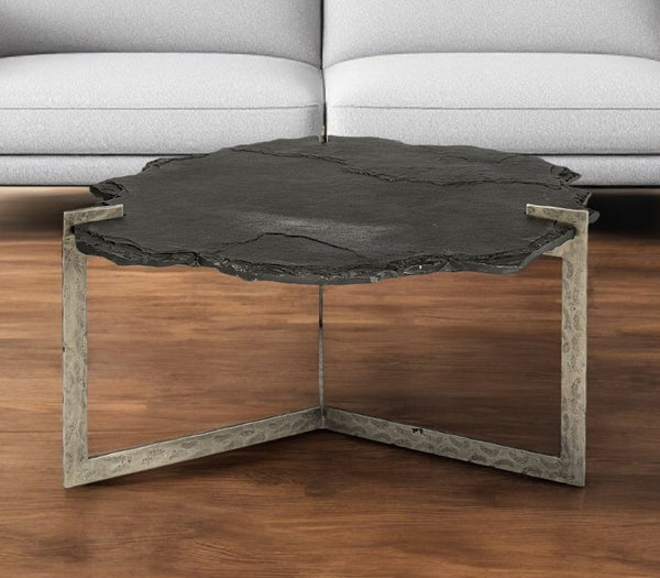 HomeRoots 40" Striking Black Stone and Gold Iron Free-Form Coffee Table - Rustic Charm Meets Modern Elegance 376308