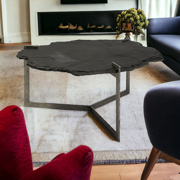 Homeroots 40" Black And Gold Stone And Iron Free Form Distressed Coffee Table   376308