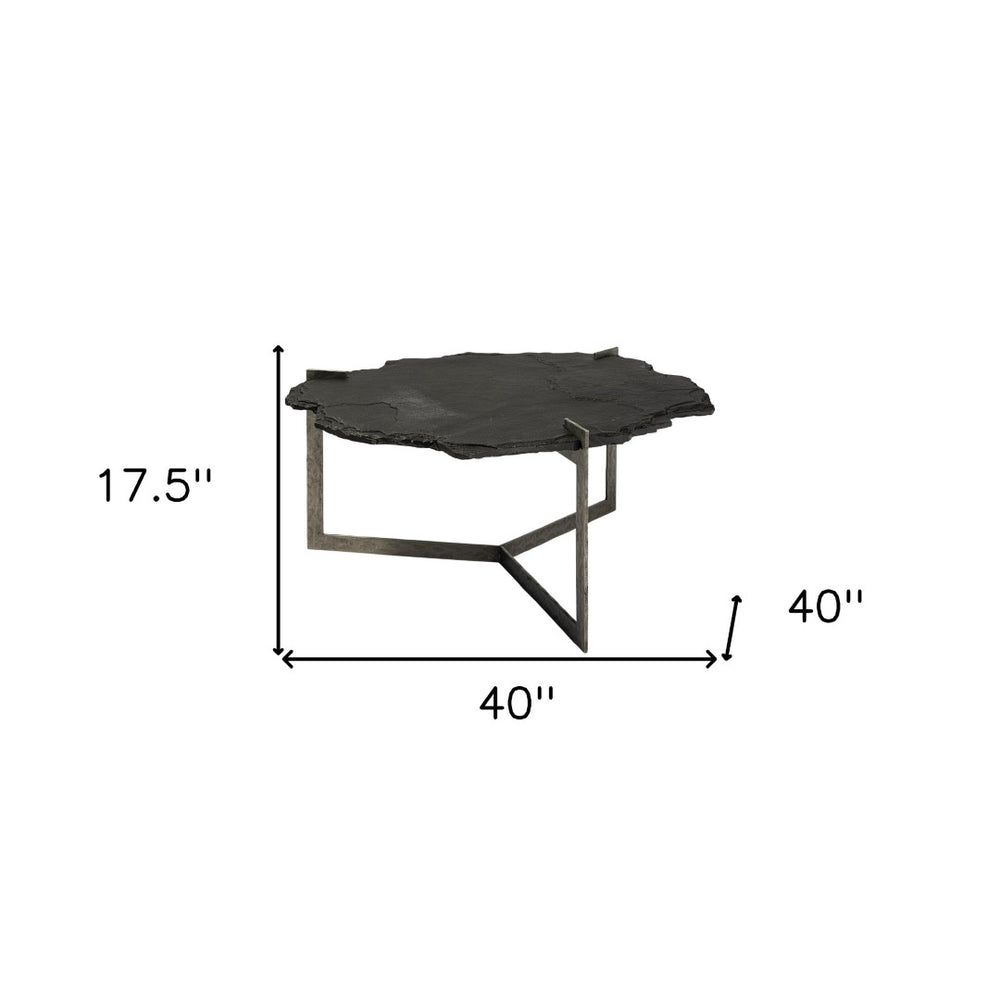 HomeRoots 40" Striking Black Stone and Gold Iron Free-Form Coffee Table - Rustic Charm Meets Modern Elegance 376308