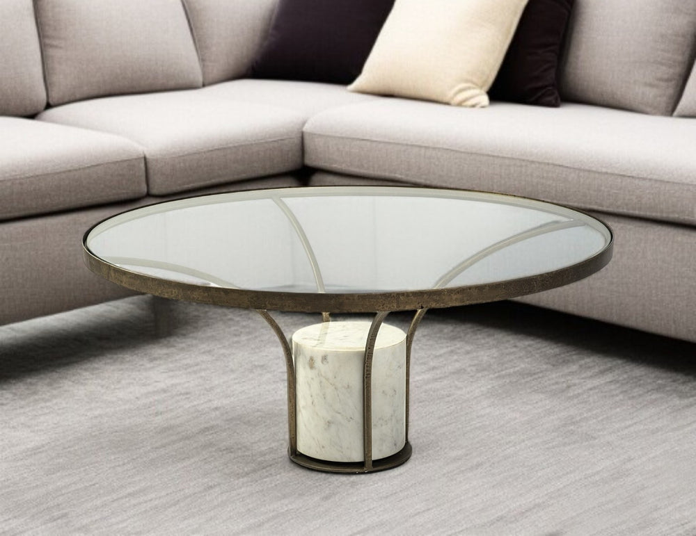 HomeRoots 36" Round Pedestal Coffee Table in Antiqued Gold & White Marble – Modern-Rustic Charm for Any Space 376310