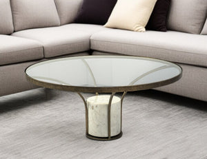 HomeRoots 36" Round Pedestal Coffee Table in Antiqued Gold & White Marble – Modern-Rustic Charm for Any Space 376310