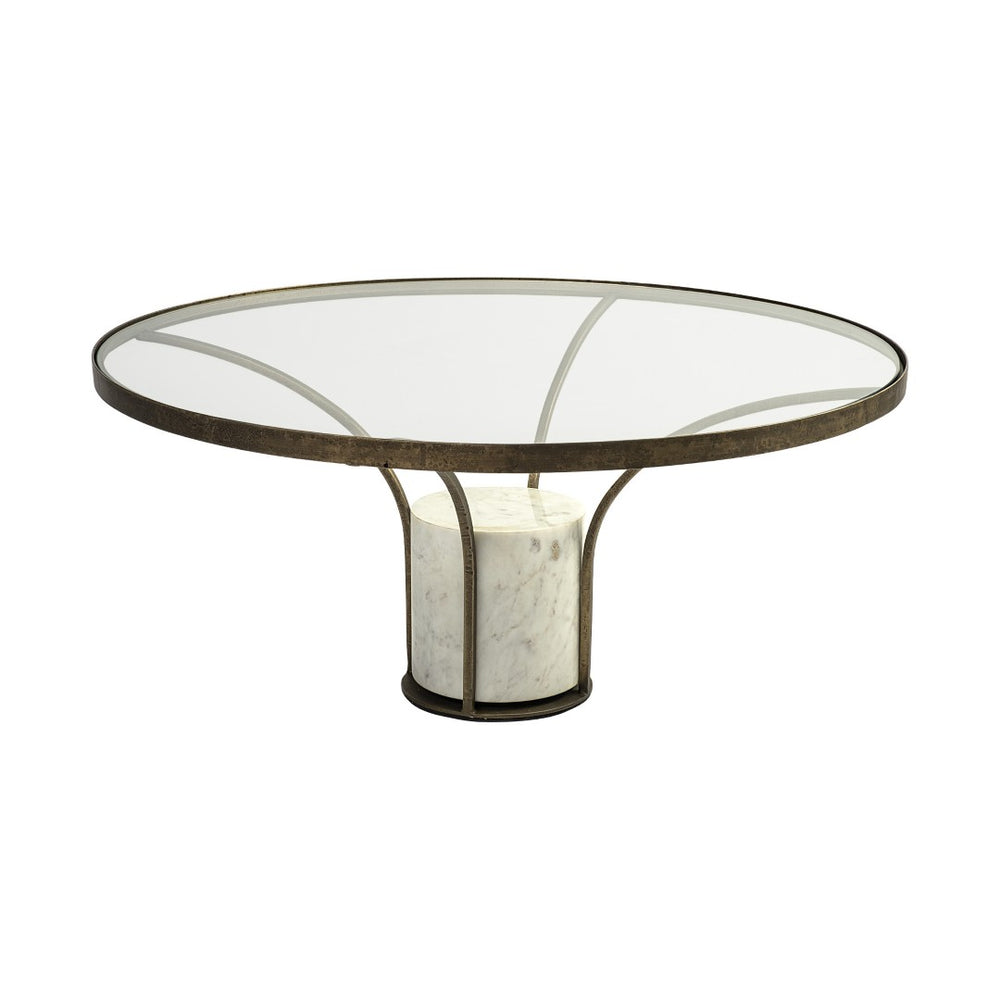 HomeRoots 36" Round Pedestal Coffee Table in Antiqued Gold & White Marble – Modern-Rustic Charm for Any Space 376310