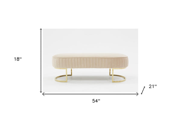 Homeroots Oval Modern Beige Velvet Bench With Gold Crescent Shaped Base  Metal 376314