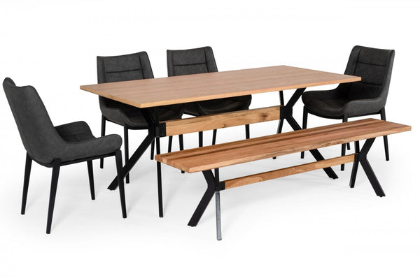 Homeroots Modern Solid Drift Oak Bench With Black Powder Coated Metal Legs  Wood 376324