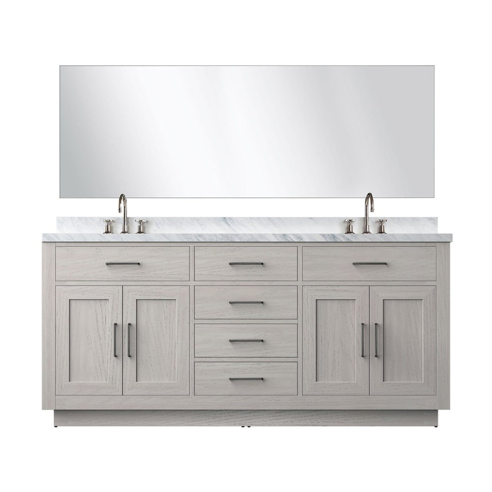 English Elm White Oak Double Bath Vanity Set With Carrara Marble Countertop, Mirror & Chrome Faucets Included B2731S01698-GIGA