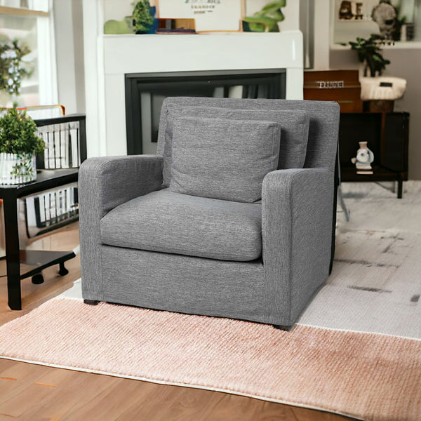 Homeroots 38" Gray And Wood Brown Linen Arm Chair   376360