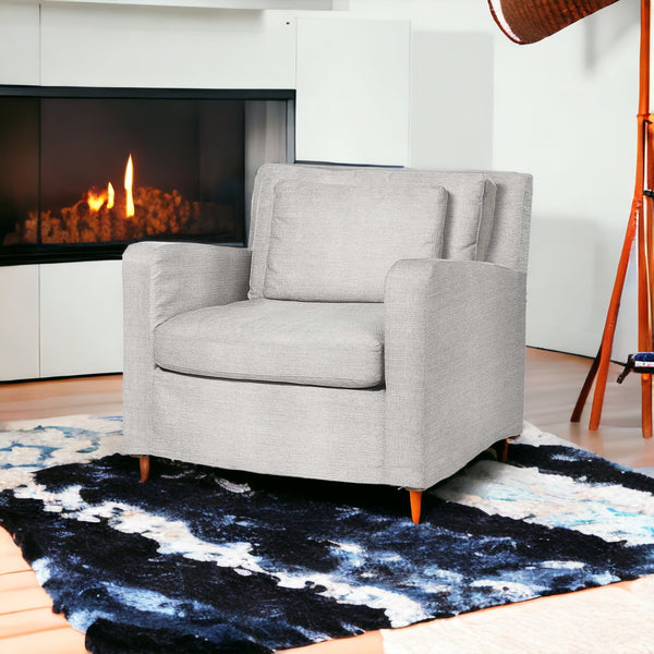 Homeroots 38" Light Gray And Wood Brown Linen Arm Chair   376361