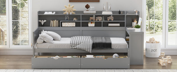 English Elm Wooden Twin Daybed with Built-In Desk, Side Shelves and Dual Drawers for Smart Space Saving Gray 54.9 L x 18.75 W x 5.6 H N733S241484E
