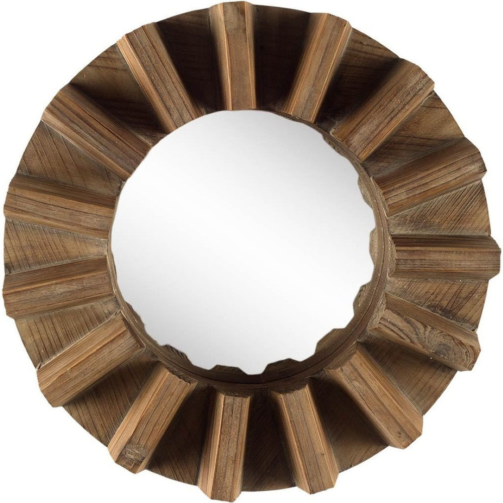 HomeRoots Sprocket 17" Round Wall Mirror - Rustic Walnut Frame with Industrial Cog Design for Stylish Decor 376376