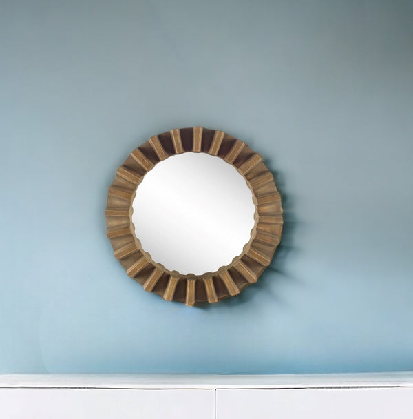 Homeroots 26" Round Brown Wood Frame Wall Mirror  Wood 376377