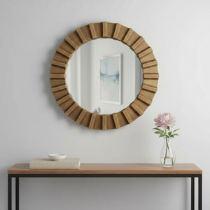 HomeRoots 26" Brown Round Wood Framed Accent Mirror - Stylish Industrial Design, Versatile Orientation & Durable Finish 376377