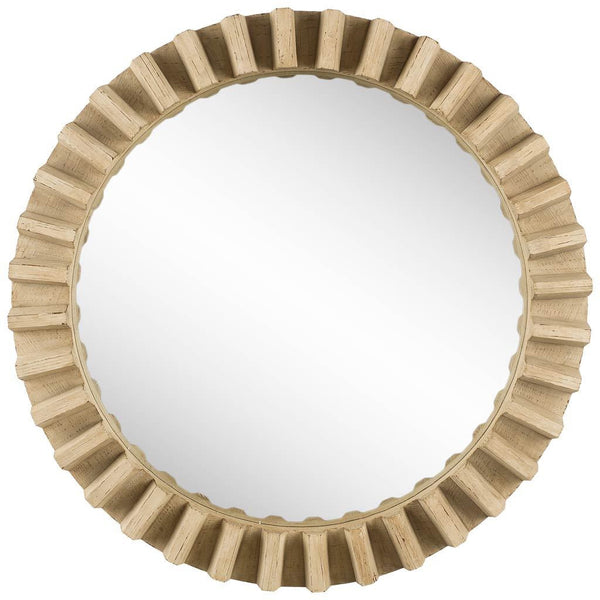 Homeroots 35" Round Natural Brown Wood Frame Wall Mirror  Wood 376378