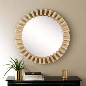Homeroots 35" Round Natural Brown Wood Frame Wall Mirror  Wood 376378