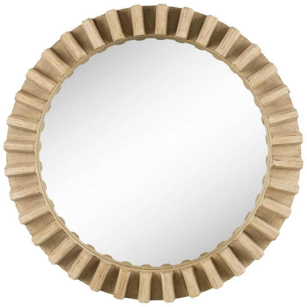 HomeRoots 35" Round Natural Brown Wood Frame Wall Mirror - Industrial Style with Unique Sprocket Design & Warm Finish 376378
