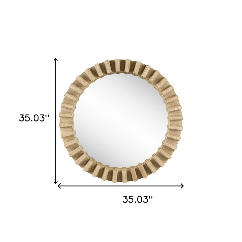 HomeRoots 35" Round Natural Brown Wood Frame Wall Mirror - Industrial Style with Unique Sprocket Design & Warm Finish 376378