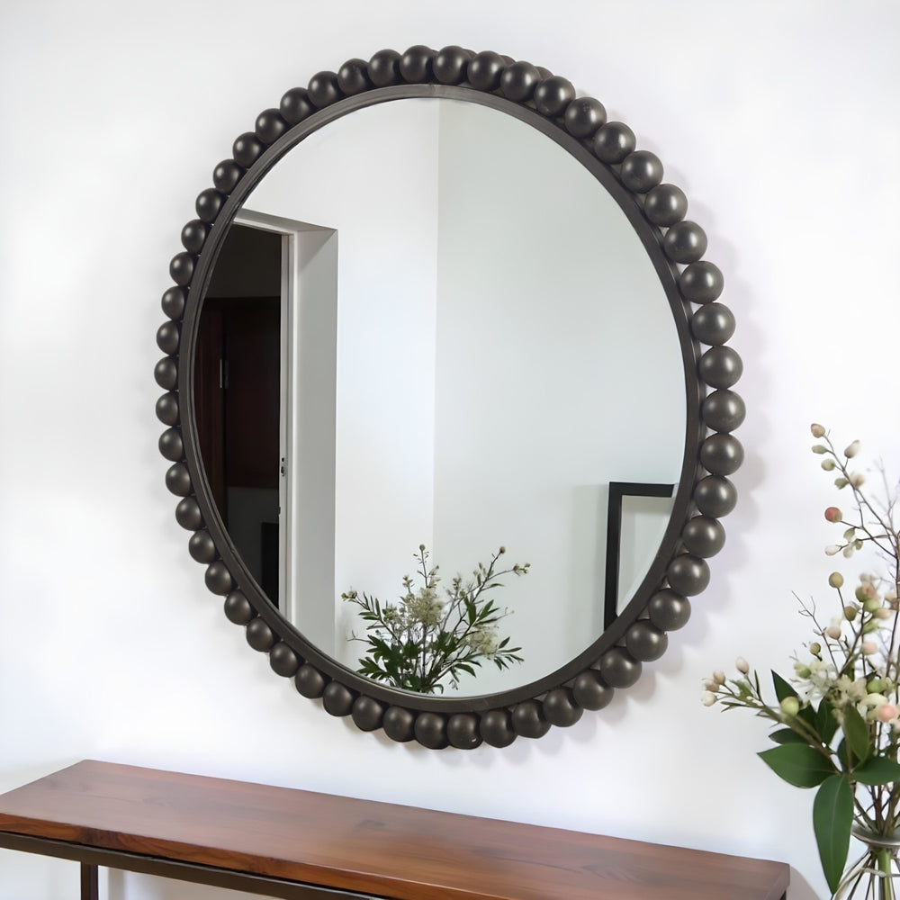 Homeroots 43" Round Black Metal Ball Frame Wall Mirror  Metal 376380