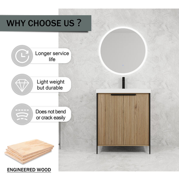 English Elm 30" Modern Freestanding Bathroom Vanity with Resin Sink, Soft-Close Doors, Adjustable Shelf, Durable Plywood Finish Light Coffee W999S00295