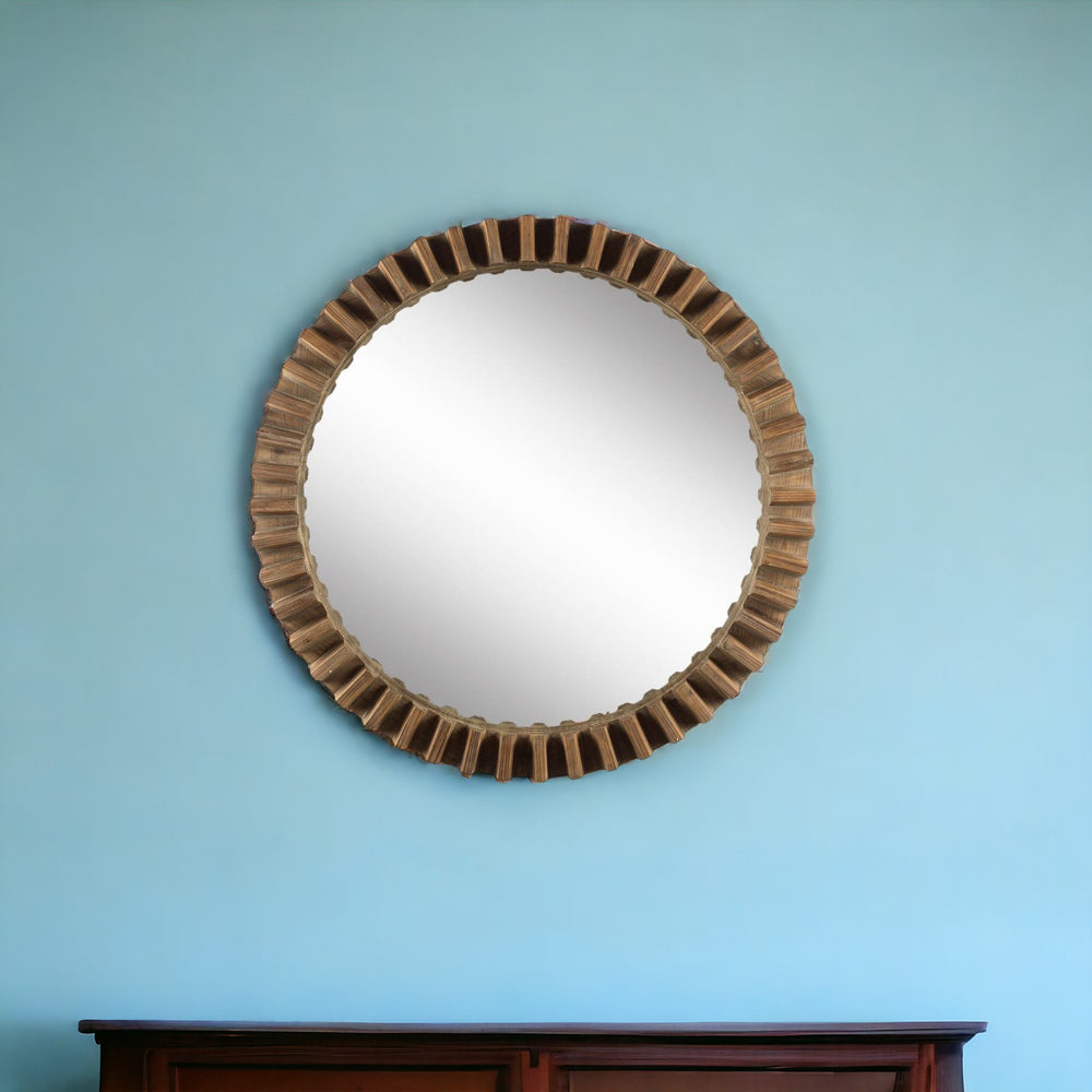 Homeroots 44" Round Brown Wood Frame Wall Mirror  Wood 376393