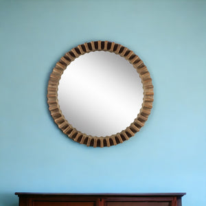 Homeroots 44" Round Brown Wood Frame Wall Mirror  Wood 376393
