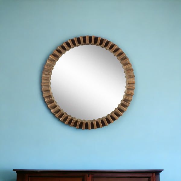 Homeroots 44" Round Brown Wood Frame Wall Mirror  Wood 376393