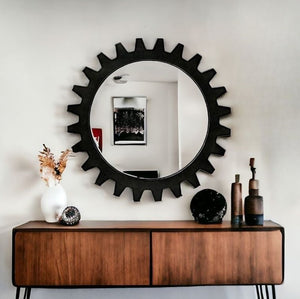 Homeroots 26" Black Cog Round Metal Frame Wall Mirror  Metal 376395