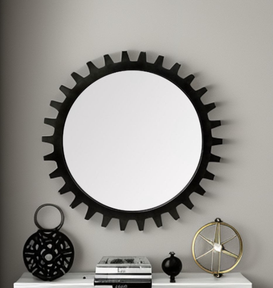 Homeroots 37" Round Black Metal Frame Wall Mirror  Metal 376396