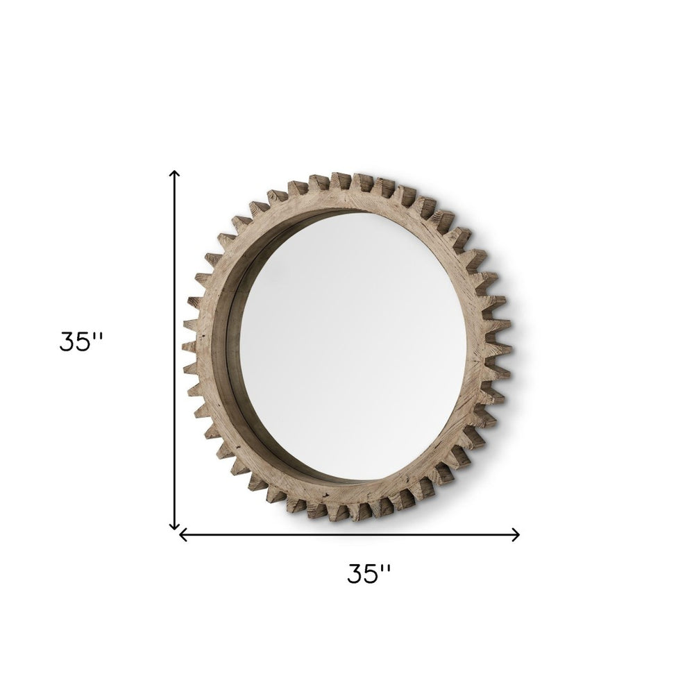HomeRoots 35" Brown Abstract Wood Framed Accent Mirror - Stylish Industrial Design for Home Decor & Entryways 376398