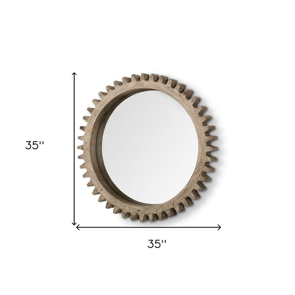 Homeroots 35" Round Natural Wood Frame Wall Mirror  Wood 376398