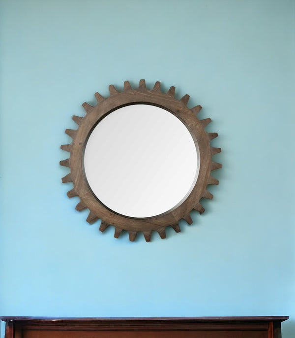 Homeroots 26" Round Natural Wood Frame Wall Mirror  Wood 376399