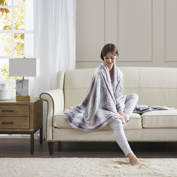 JLA Home Madison Park - Faux faux fur throw indulgent plush reversible faux mink blanket OEKO-TEX certified machine washable luxury Blush/Grey MP50-8526