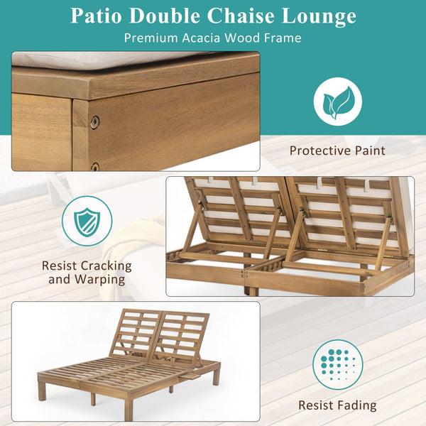 English Elm Trexm Acacia Wood Double Chaise Lounge Outdoor with Folding Trays and Foam Cushions TM000015AAD