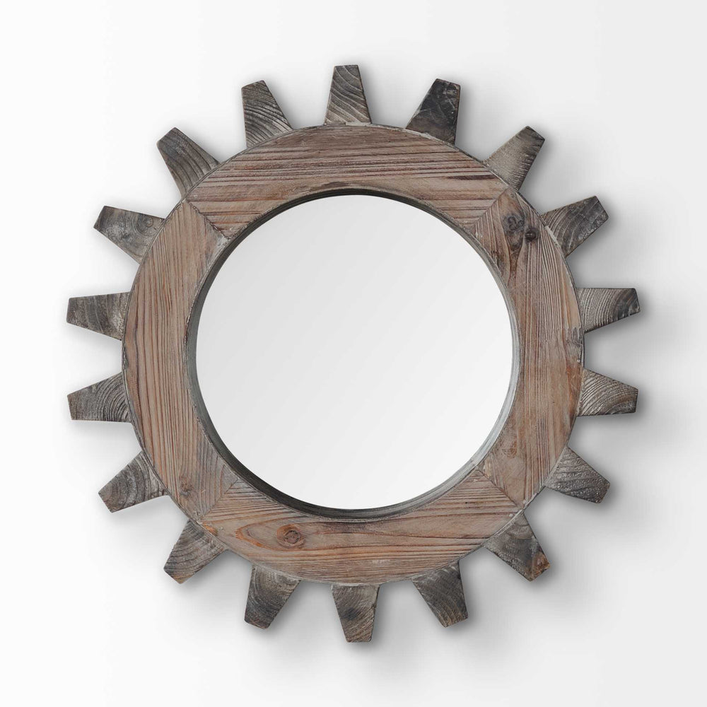Homeroots Cog 17" Round Natural Wood Frame Wall Mirror  Wood 376400