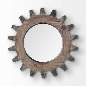 Homeroots Cog 17" Round Natural Wood Frame Wall Mirror  Wood 376400
