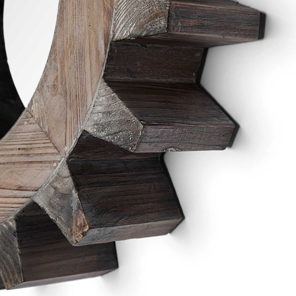 Homeroots Cog 17" Round Natural Wood Frame Wall Mirror  Wood 376400