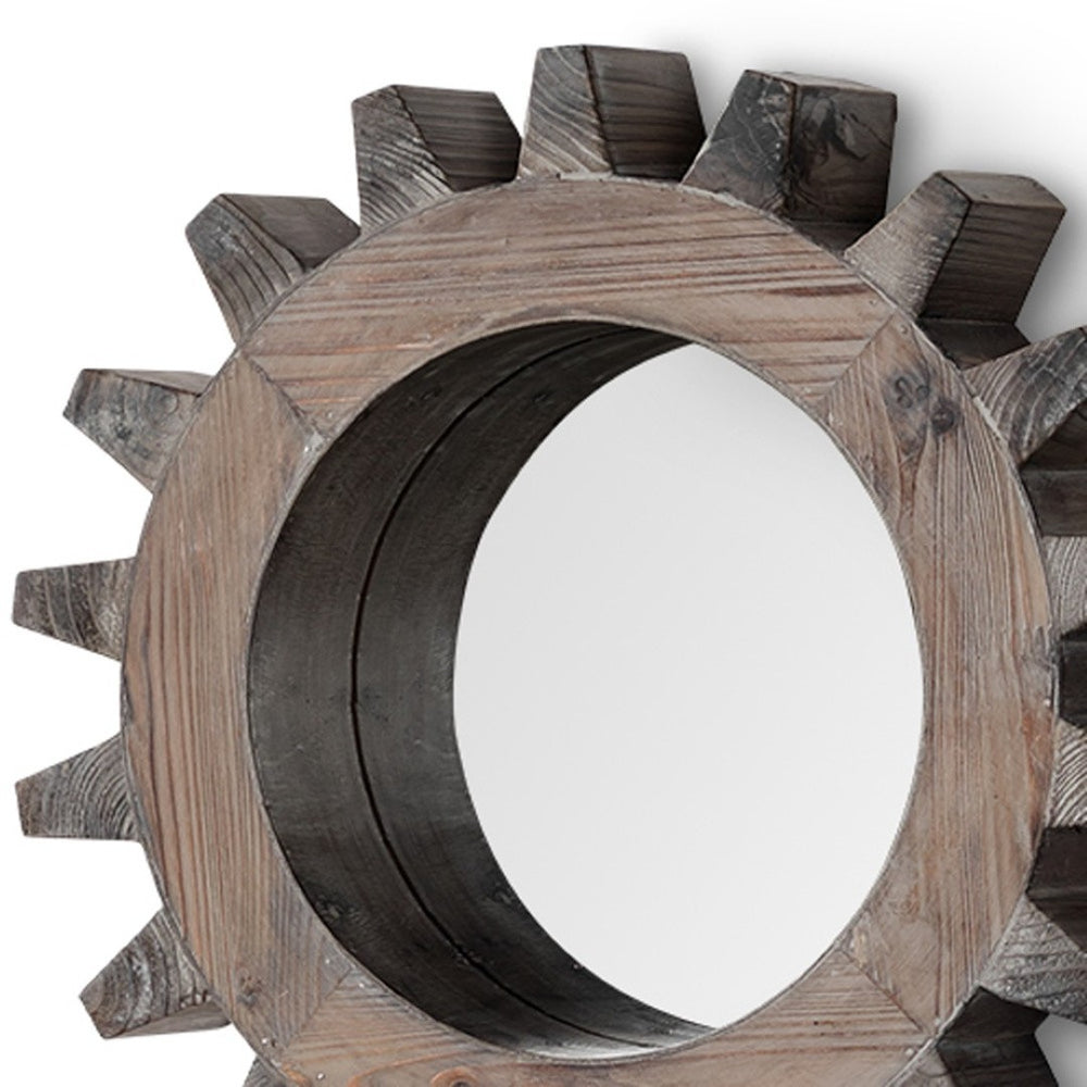 HomeRoots Cog 17" Round Natural Wood Frame Mirror - Industrial-Rustic Charm for Stylish Home Décor 376400