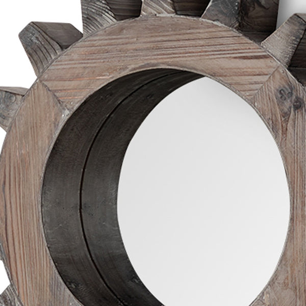 Homeroots Cog 17" Round Natural Wood Frame Wall Mirror  Wood 376400