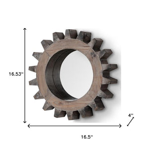 HomeRoots Cog 17" Round Natural Wood Frame Mirror - Industrial-Rustic Charm for Stylish Home Décor 376400