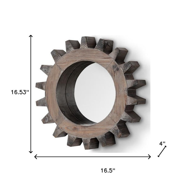 HomeRoots Cog 17" Round Natural Wood Frame Mirror - Industrial-Rustic Charm for Stylish Home Décor 376400